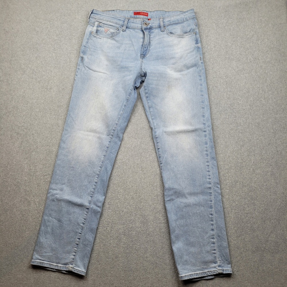 Guess Lincoln Slim Straight Jeans Mens 32x32 Light Blue Distressed Faded Denim